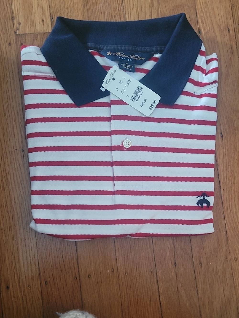 NWT Brooks Brothers White Polo with Red Stripes and Navy blue  Collar M - Picture 2 of 3